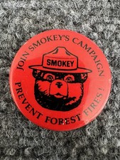 Smokey The Bear VTG Pinback Button 2” “Join Smokey’s Campfire” Red picture
