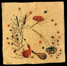 MWT Circa 40s/50s Hanky Jeanne Miller GOURDS WILDFLOWERS CAT TAILS Kimball picture