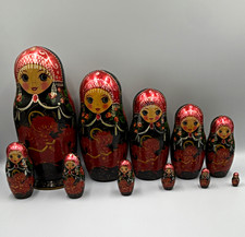 VTG Russian Matryoshka Nesting Dolls 11 Piece Set Hand Painted Red Black Gold picture