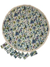 Vintage 1970s Round Table Cloth &D Matching Napkins Set Flower Power & Fruit MCM picture