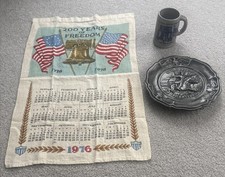 Vtg 1976 Bicentennial Lot, includes Liberty Bell Mug, Tea Towel & Ceramic Plate picture