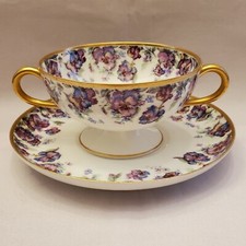 LIMOGES Haviland 1 Bouillon Cup Saucer Purple Blue Pink Pansies Flowers and Gold picture