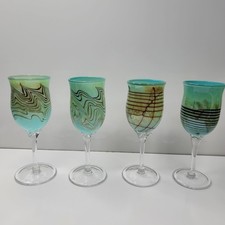 RARE Set Of 4 SIGNED Charlie Miner Hand blown, Vintage Blue Wine Glass picture