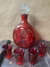 Antique Red Flashed Glass Whiskey Decanter and Shot Glasses picture