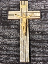 Vintage Crucifix Wooden Sick Call Last Rites Faux Mother Of Pearl 14” picture