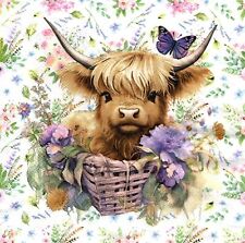 (2) Two Paper Lunch Napkins for Decoupage/Mixed Media, Highland Calf Basket cow picture
