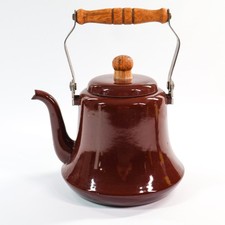 Vtg French Enamel Bell Tea Kettle Pot Teapot Brown Wood Handle Metal Enamelware picture