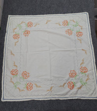 VTG Tablecloth Square 36x36 Hand Embroidered Orange Floral Fringe MCM Deco picture