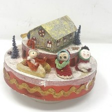 Vintage 1950s Christmas Putz House Mica Chenille Santa Girl Boy Music Box Japan picture