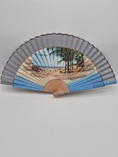 Vintage St Maarten Souvenir Folding Hand Fan Wood Bamboo Beach Palm Trees Art picture