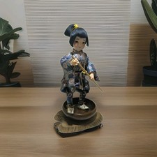 Vintage Japanese Samurai Warrior Fabric Doll in Blue Kimono Wood Bowl Stand 14