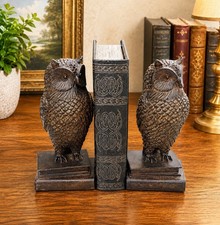 Set Of Carved Brown Owl Standing On Books Figurine Owl Bookends Owl Decor picture