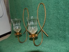 VTG Gold Metal Twisted Rope Wall Sconces Candle Holders Set of 2 w/Glass Votives picture