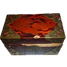 Chinese Dragon Red Lacquer Wood Jewelry Box Brass Trim 5.5in picture