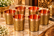 Luxury Engraved Copper Drinking Glass Set of 6 Traditional Indian Design picture