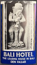 BALI HOTEL DEN PASAR INDONESIA VINTAGE LUGGAGE LABEL~TEMPLE STATUE picture
