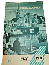 Vintage 1960s KLM Royal Dutch Airlines Holland Boys Fishing Teal Art Poster picture