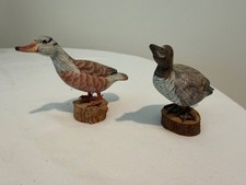 Pair Vintage Miniature Hand Carved Wood Duck Decoys Figurines on Wood Slice Base picture