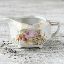 Germany Porcelain Creamer Hexagon Pink Rose Antique Luster Pitcher 4in picture