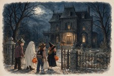 Rust & Lantern “Scary Mansion” Halloween Original Art Postcard – 4x6 picture