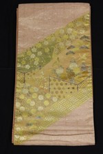 Japanese Vintage Silk Fukuro Obi Belt Gold Beige Landscape Floral Crane Showa picture