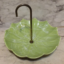 Vtg California Art Pottery Sylvan's UMBRELLA TRINKET DISH Green w/ White Webbing picture