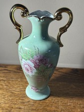 Vtg 1984 Lefton Mint Green Porcelain Vase with Handpainted detail, handles 9