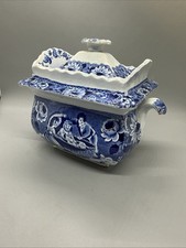 Antique Sugar Bowl Clews Staffordshire Blue Cradle Dog Baby Family Transferware picture
