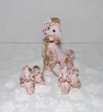Vintage 50's Pink w/Gold Spaghetti Poodle & Puppies with Chains Figurines Japan picture