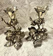 Vtg Arthur Court 2001 Magnolia Flower Bird CandleHolders Cast Aluminum Set of 2 picture