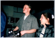 Vtg Color Snapshot Young Man Plaid Shirt Smiling Woman Party Bottles 1990s picture
