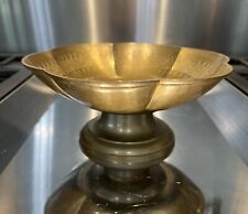vintage mid century brass Etched pedestal Scalloped Edge Bowl picture