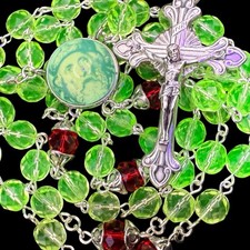 XL Uranium Glass Vaseline St. Patrick Green Glowing Holy  Rosary Heirloom  #X17 picture