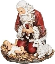 633312 Kneeling Santa Holding Hat with Baby and Lamb Figurine, 5 inch, Multicolo picture
