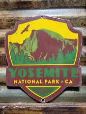 VINTAGE PORCELAIN SIGN YOSEMITE NATIONAL PARK RANGER TRAIL CABIN CAMP SHIELD 12