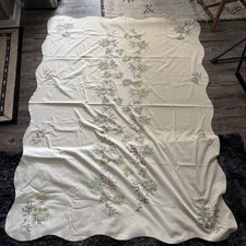 Vintage Hand Embroidered Oval Tablecloth 76x56 Floral Lazy Daisy Linen picture