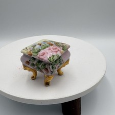 Vintage Porcelain Gold Footed Hand Painted Floral Covered Trinket Box Pink picture