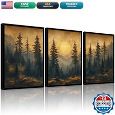 Omerecal Framed 3pcs Pine Forest Full Moon Canvas Prints 12x16 Inch picture