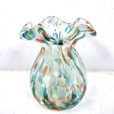 Vintage Hand Blown Murano Style Confetti Ruffled Fluted Vase 4.5
