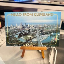 Vintage 1988 Hello From Cleveland Ohio Skyline Aerial View Postcard Mailed Stamp picture