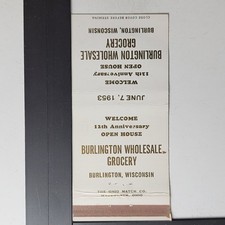 Burlington Wholesale Grocery Burlington WI 1953 Anniversary Matchbook picture