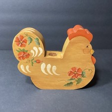 VTG Hand Painted Wood Chicken Folk Art Country Farmhouse Candle Holder Cottage picture
