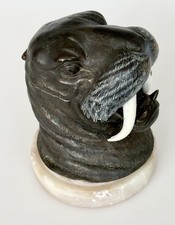 Walrus Head Cast Metal Inkwell on stone base picture