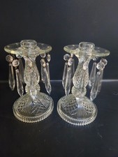 Vintage Pair Indiana Glass Crystal Drop Candlesticks Hanging Prisms Lustres 7.5