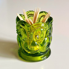 Vintage LE Smith Glass Green 2.25 in Moon And Stars Glass Toothpick Holder picture
