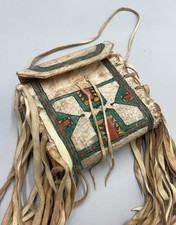 Plains Indian Native American Sioux Painted Rawhide Fringed Parfleche Bag Pouch picture