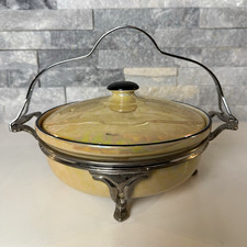 Vintage Royal Rochester Fraunfelter China Casserole Dish Lid Metal Carrier picture