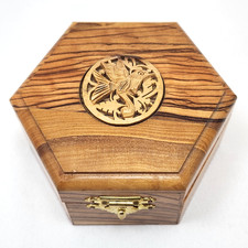 Vintage Olive Wood Trinket Jewelry Box Carved Bird 4” Wide Hexagon Hand Crafted picture