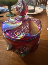 Fenton Paisley Pattern Red Carnival Glass Candy Dish/Matching Lid Excellent picture
