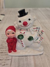 Adorable Vintage Japan Snowman With Pixie Child Planter Scarf  Christmas Rare picture